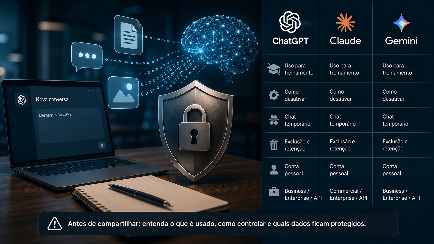 Laptop com tela do ChatGPT ao lado de um escudo com cadeado, ícones de conversa, arquivo e imagem conectados a um cérebro digital e painel comparando ChatGPT, Claude e Gemini.