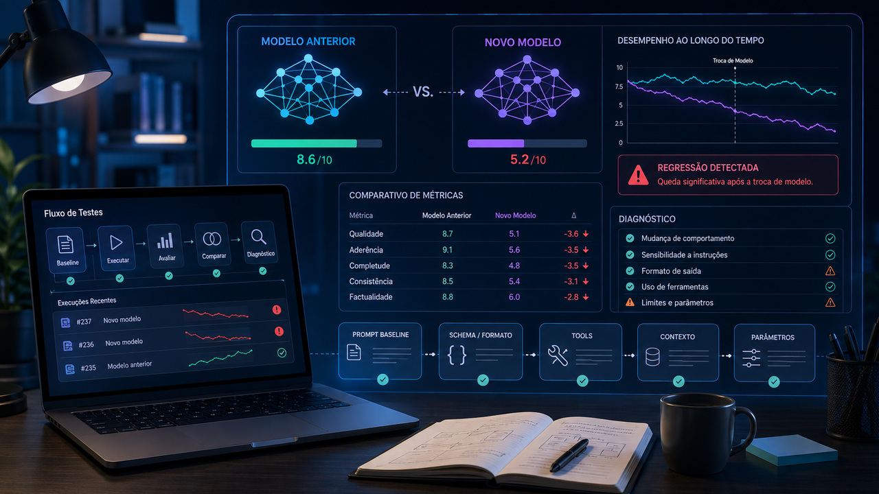 Estação de trabalho com painéis comparando um modelo anterior e um novo modelo, gráfico de regressão e etapas de diagnóstico de prompt, schema, ferramentas, contexto e parâmetros.