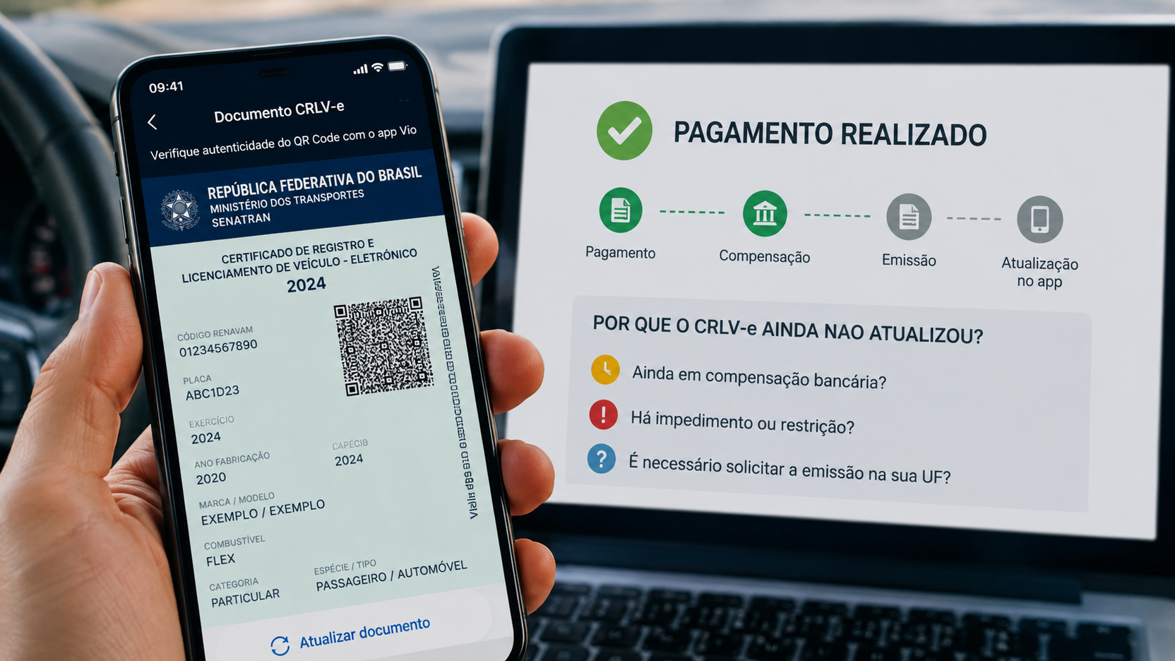 Mão segurando celular com uma representação do CRLV-e diante de tela que mostra pagamento realizado e etapas de compensação, emissão e atualização no aplicativo.