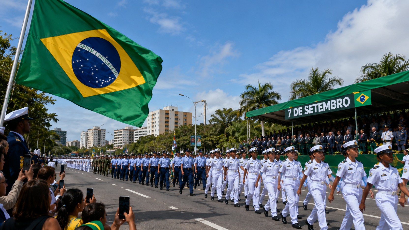 Bandeira do Brasil em destaque diante de desfile cívico-militar em avenida urbana, com tropas em formação e público acompanhando nas laterais.