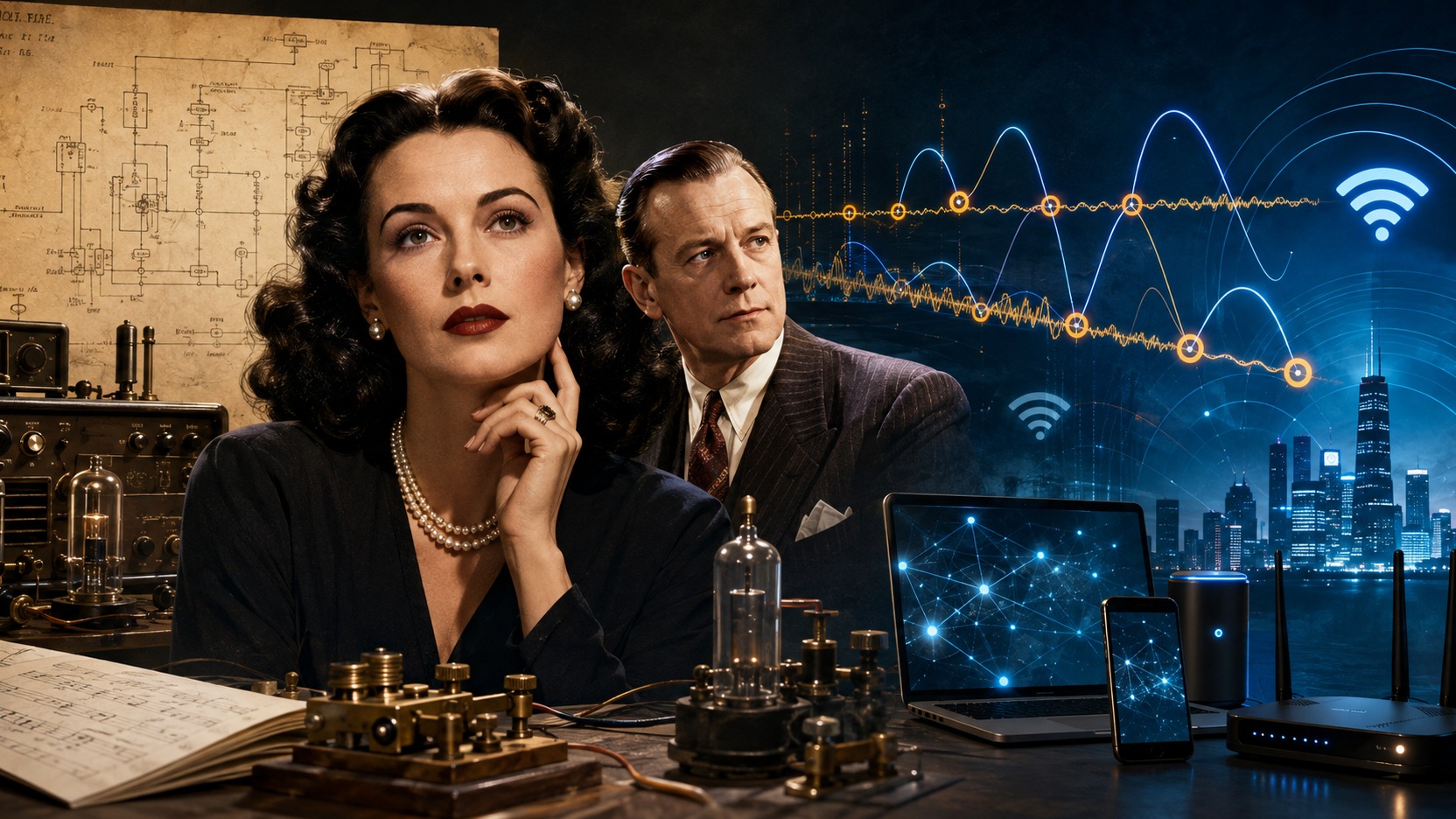 Composição editorial com uma mulher em estilo dos anos 1940 e um homem de terno diante de equipamentos de rádio, esquemas técnicos e ondas que levam a roteador e dispositivos sem fio.