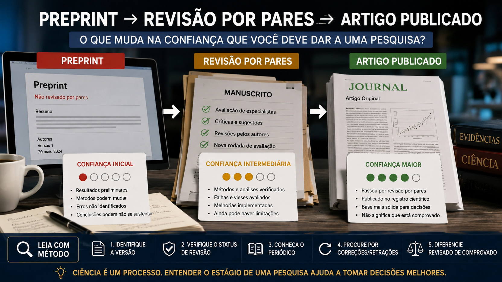 Infográfico horizontal com um preprint em tela, um manuscrito em revisão por pares e um artigo publicado, acompanhados de indicadores visuais de confiança e etapas de verificação.