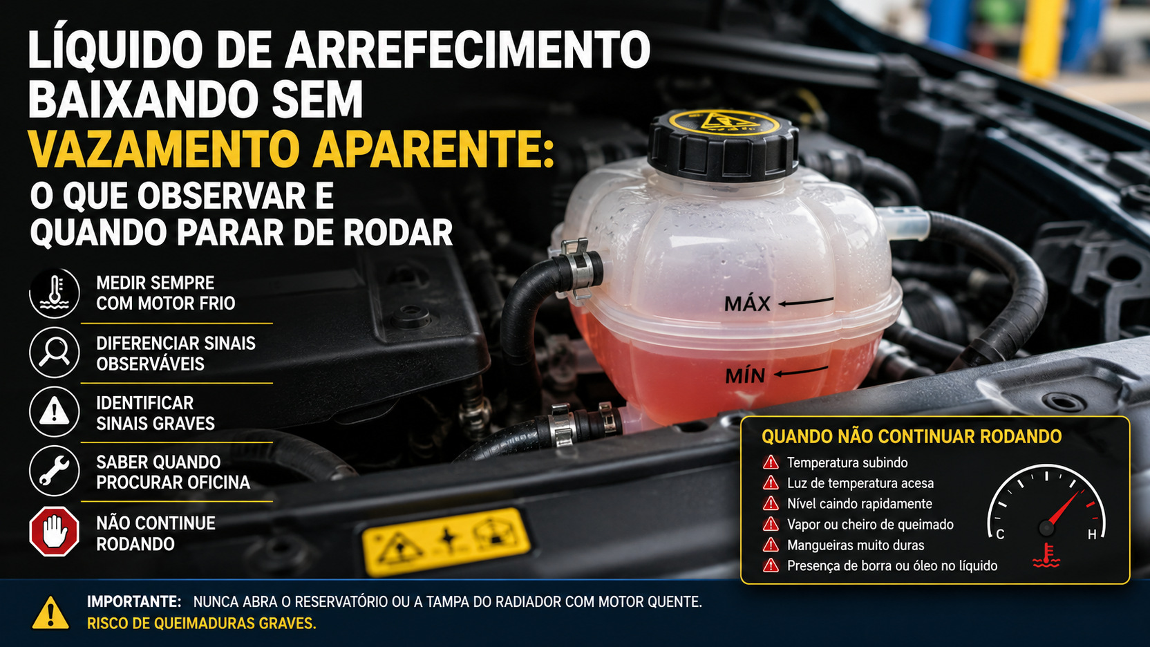 Compartimento do motor com reservatório de expansão e líquido rosado entre as marcas mínima e máxima, acompanhado de alertas sobre medição a frio e sinais para parar de rodar
