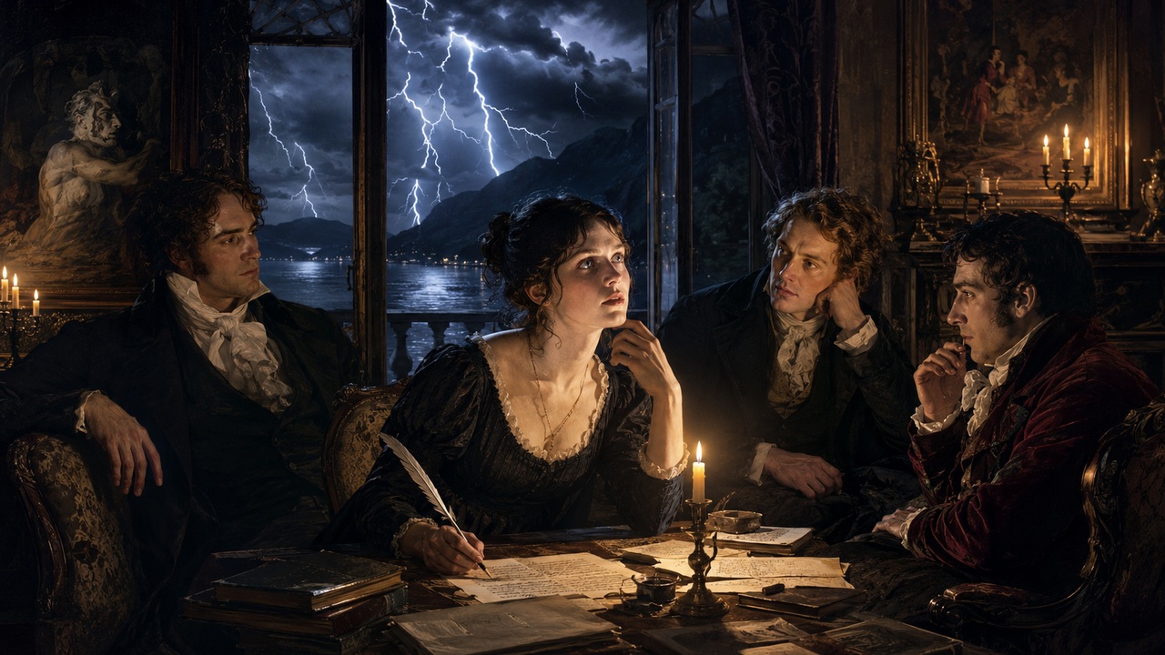 Representação editorial de Mary Shelley escrevendo à luz de velas, cercada por três homens em trajes do início do século XIX, com raios sobre o Lago de Genebra ao fundo.