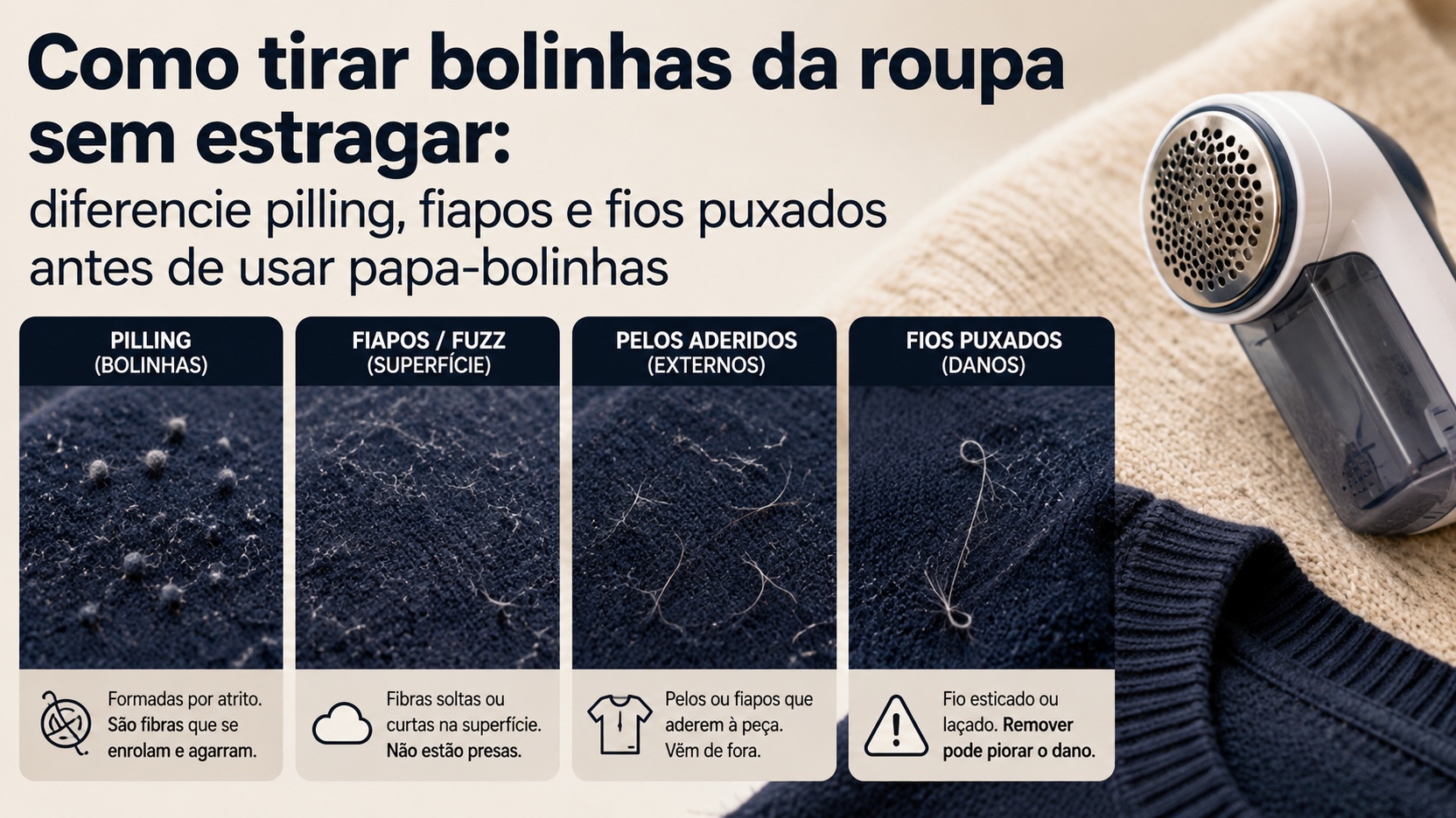 Infográfico horizontal com quatro close-ups de tecido azul mostrando pilling, fiapos, pelos aderidos e fio puxado, ao lado de um papa-bolinhas sobre malha clara.