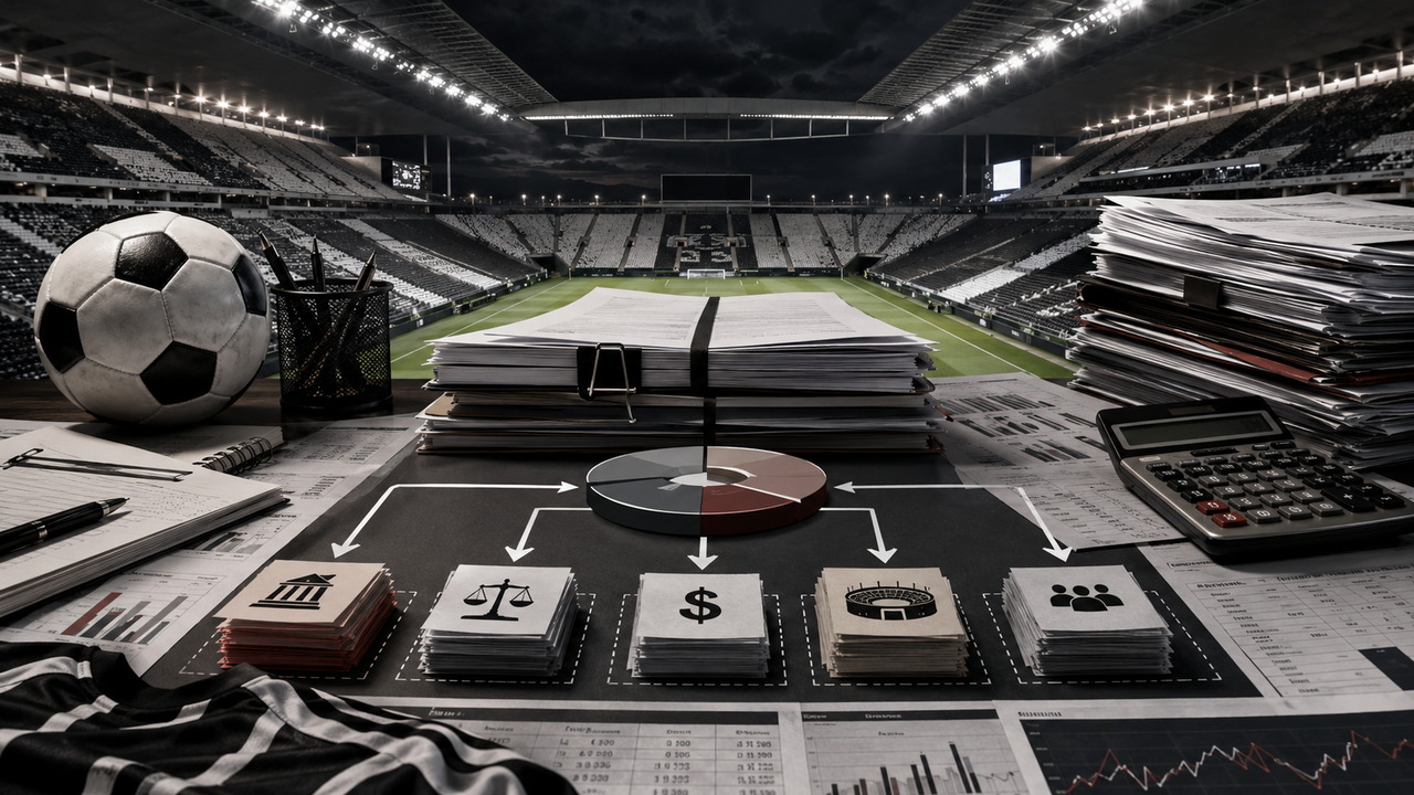 Ilustração editorial com estádio de futebol ao fundo e mesa coberta por documentos financeiros, calculadora, gráfico segmentado, bola preta e branca e papéis organizados por categorias.