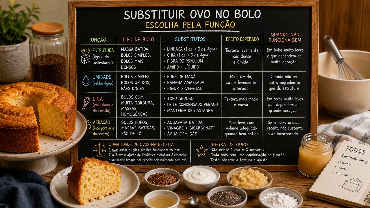 Bolo cortado ao lado de ingredientes usados como substitutos de ovo e de um quadro que organiza as trocas por função na massa.