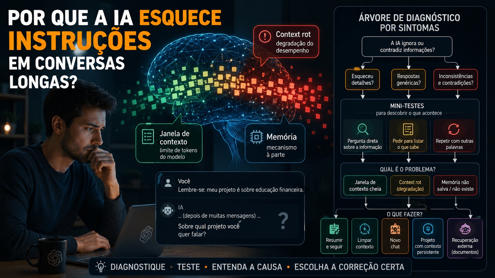 Homem diante de um notebook observa um cérebro digital cercado por blocos de tokens, balões sobre janela de contexto, context rot e memória e uma árvore de diagnóstico à direita.
