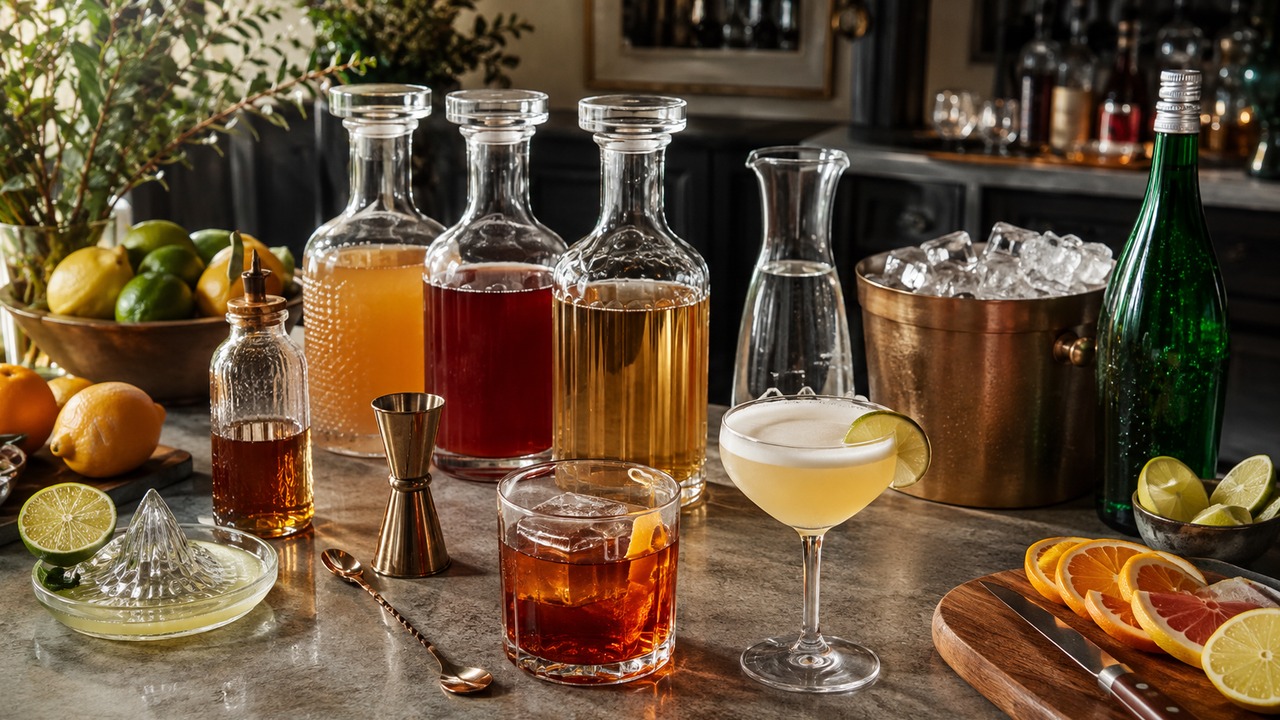 Balcão de bar doméstico com garrafas de coquetéis em lote, jigger, cítricos, gelo, água gaseificada e dois drinks prontos.