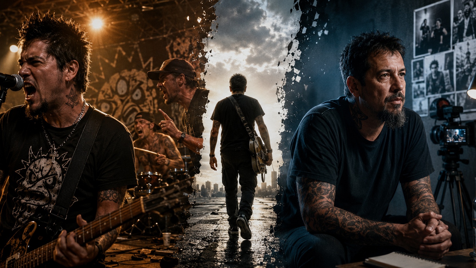 Ilustração editorial fotorealista divide uma cena de rock intensa, um músico caminhando sozinho com guitarra e um ambiente de entrevista documental em tons frios.