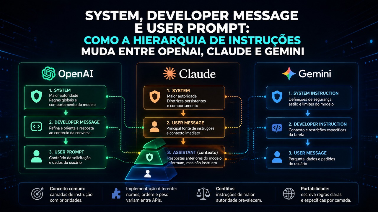Infográfico tecnológico em fundo escuro compara OpenAI, Claude e Gemini em três colunas, com camadas de instrução e setas indicando prioridades entre regras e pedidos.
