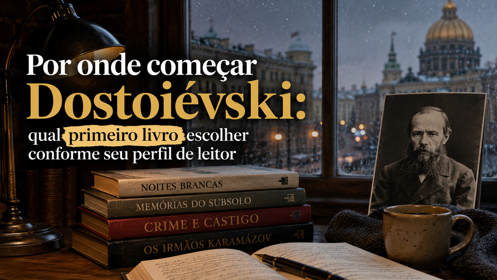 Capa editorial com livros de Dostoiévski, caderno aberto, luminária, caneca e retrato do escritor diante de uma janela em noite fria.