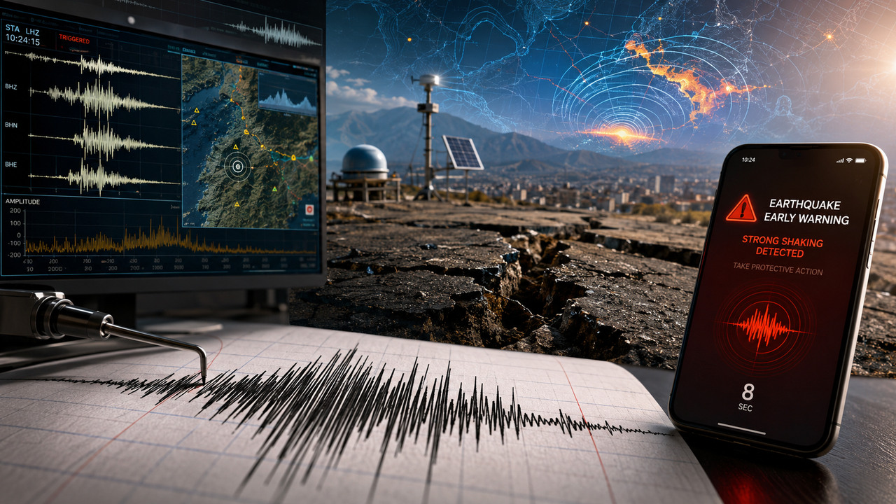 Sismógrafo registra ondas sísmicas diante de uma fissura no solo, enquanto monitores mostram dados e um celular exibe um alerta precoce de terremoto.