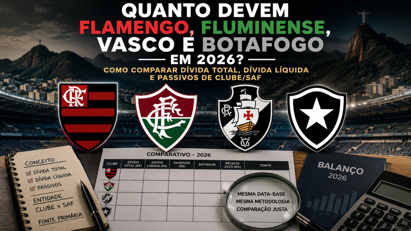 Infográfico sobre as dívidas de Flamengo, Fluminense, Vasco e Botafogo em 2026, com os quatro escudos diante de um estádio no Rio e elementos de análise financeira, como balanço, calculadora, quadro comparativo e lupa.