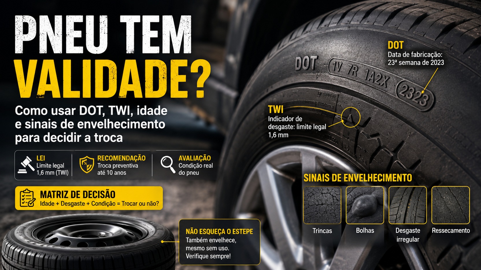 Infográfico automotivo com pneu em destaque, marcação DOT, referência ao TWI, sinais de envelhecimento e estepe em uma oficina escura.