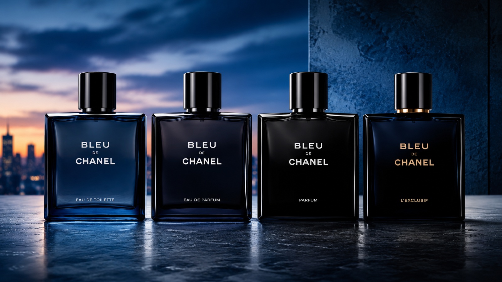 Quatro frascos escuros de Bleu de Chanel, identificados como Eau de Toilette, Eau de Parfum, Parfum e L’Exclusif, alinhados sobre superfície refletiva diante de um fundo azul ao entardecer.