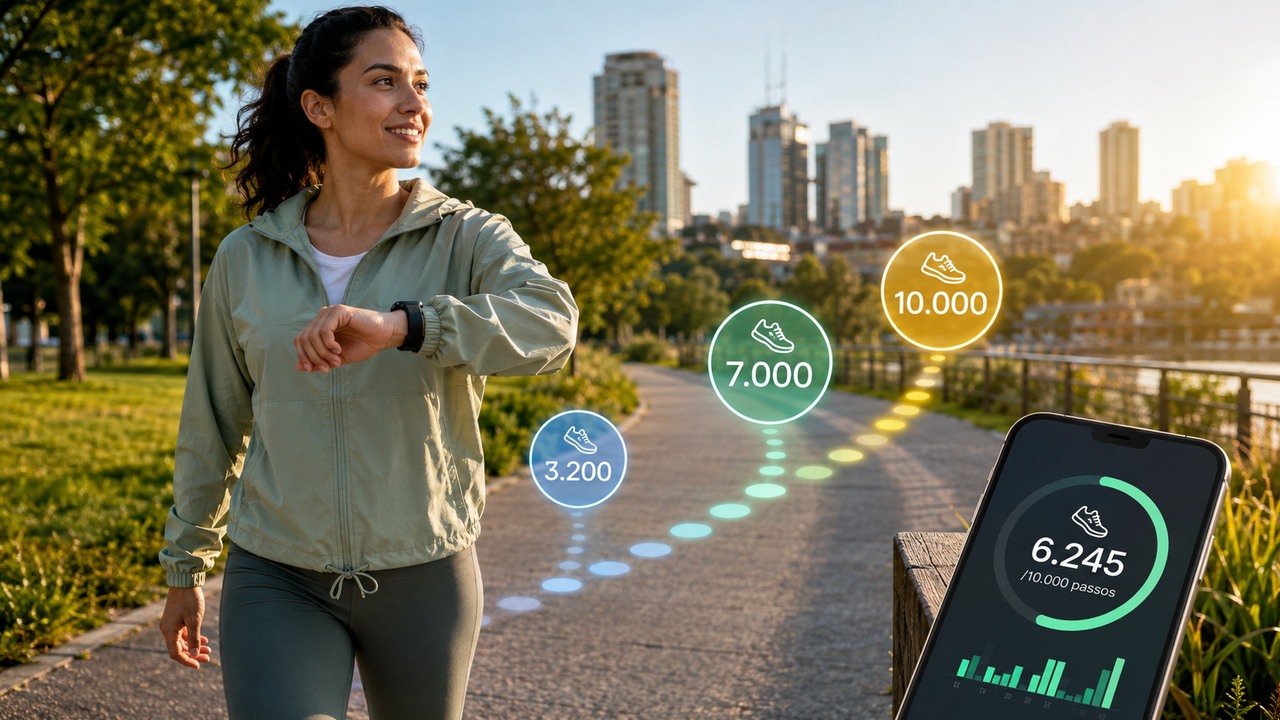 Mulher caminhando em parque urbano consulta relógio inteligente; marcadores visuais indicam 3.200, 7.000 e 10.000 passos, e um celular mostra o progresso diário.