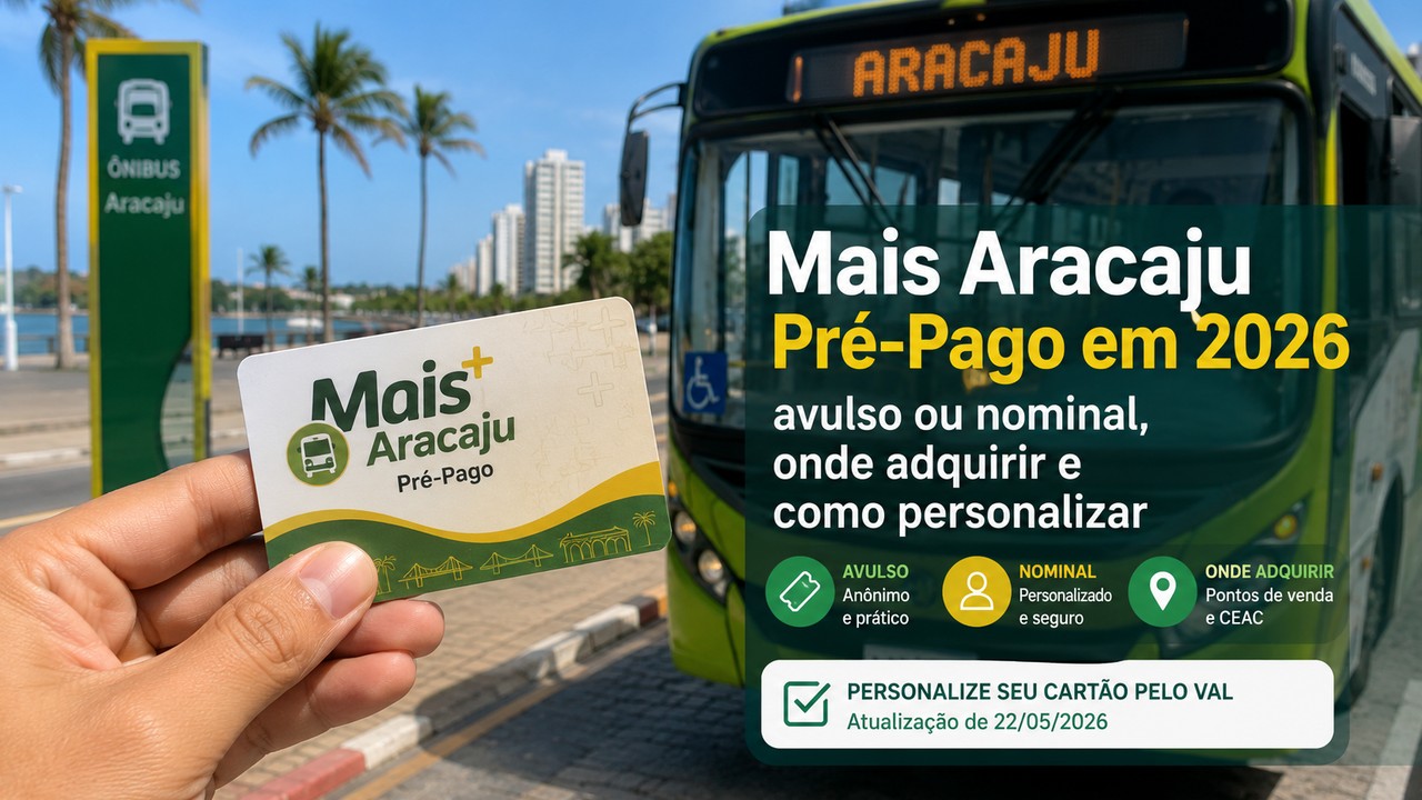 Mão segurando cartão Mais Aracaju Pré-Pago diante de um ônibus urbano em Aracaju, com chamada sobre opções avulsa e nominal e personalização pela Val.