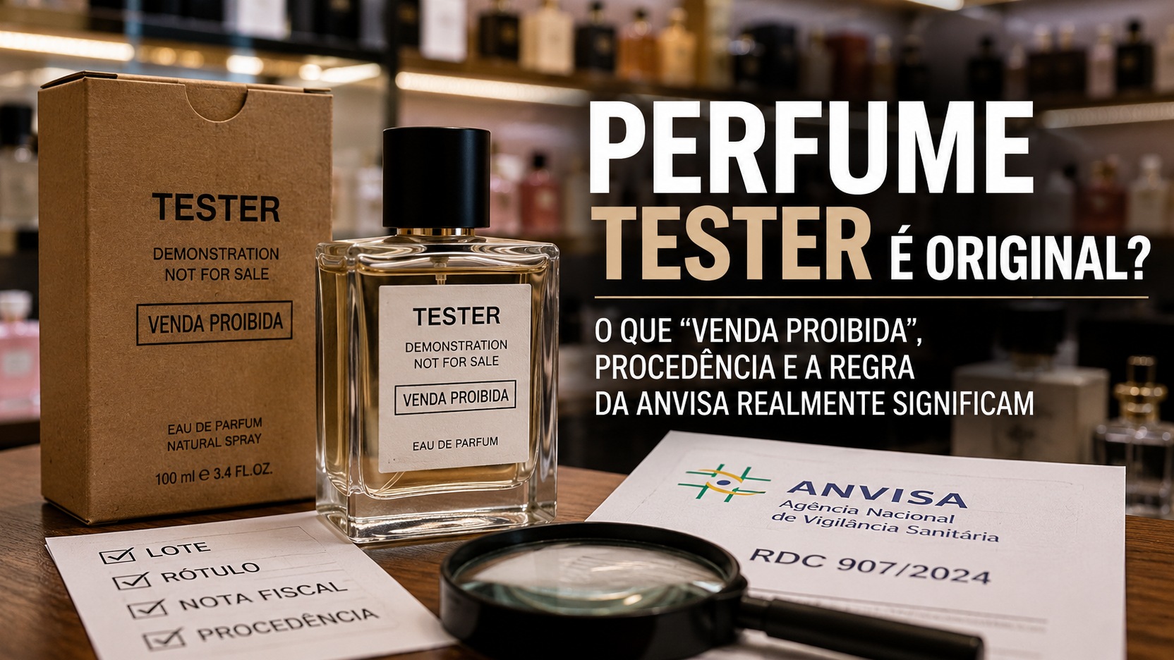 Frasco de perfume tester ao lado de caixa marcada "Venda Proibida", lupa, checklist de lote, rótulo, nota fiscal e procedência e folha com referência à Anvisa e à RDC 907/2024.