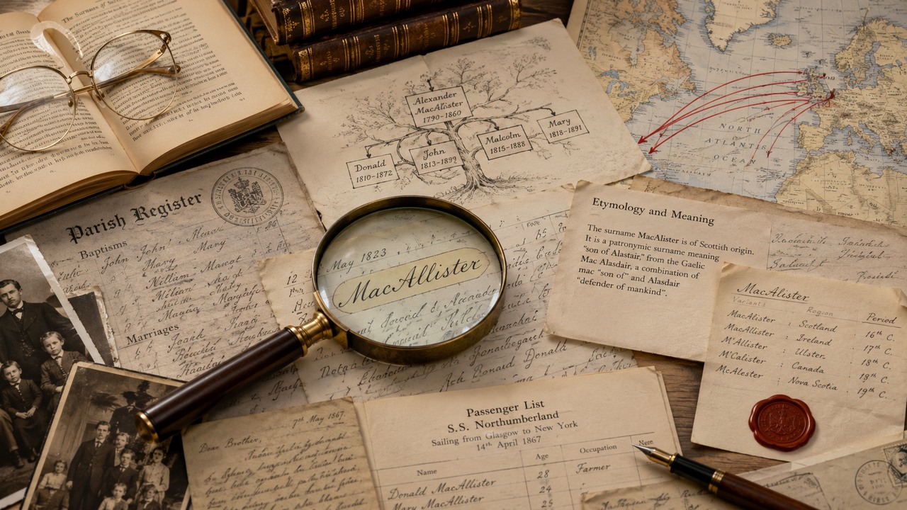 Mesa com registros antigos, árvore genealógica, mapa de migração e lupa sobre o sobrenome MacAllister em um documento manuscrito.