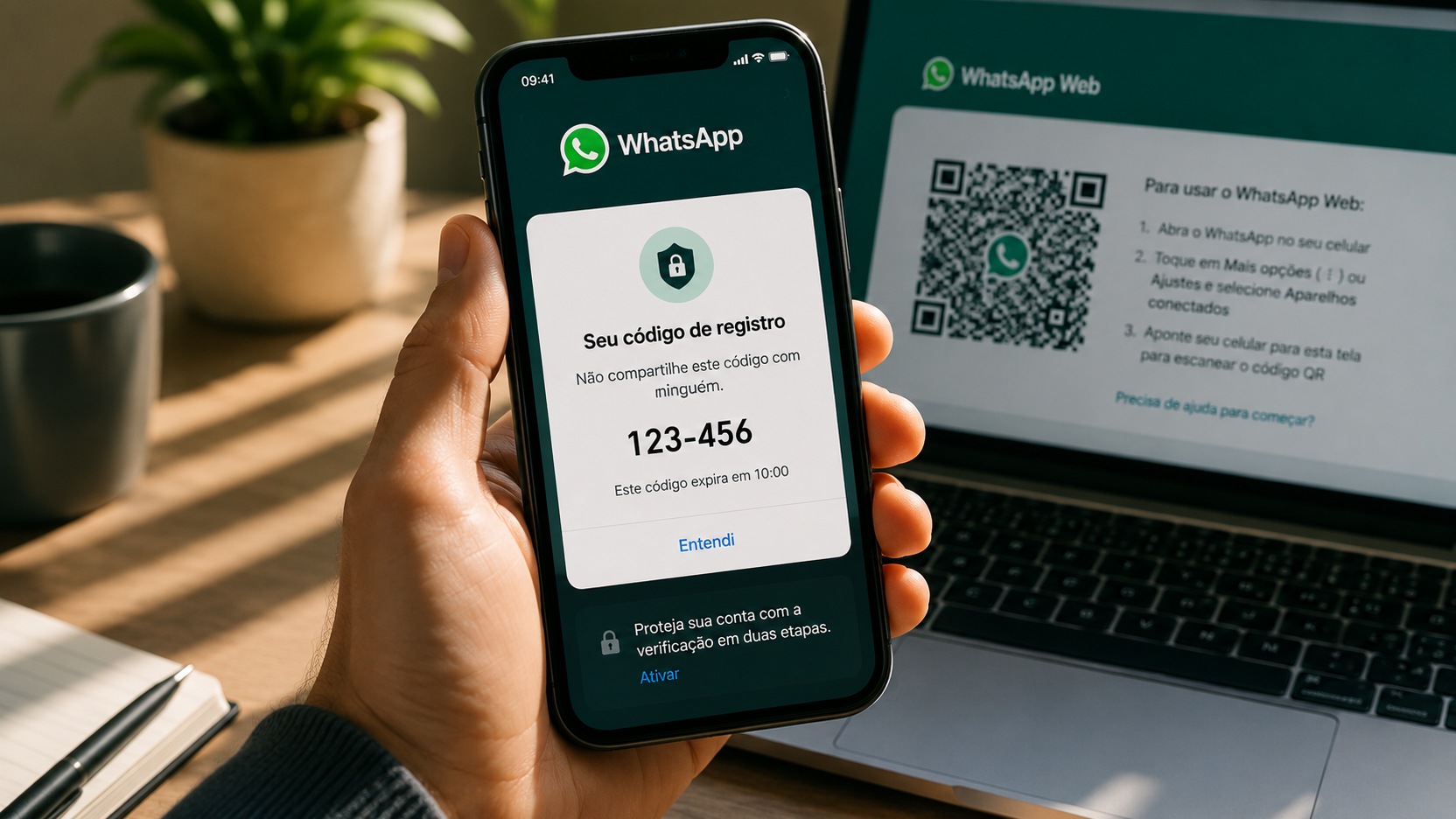 Mão segurando smartphone com tela do WhatsApp exibindo um código de registro de seis dígitos, diante de notebook aberto no WhatsApp Web.