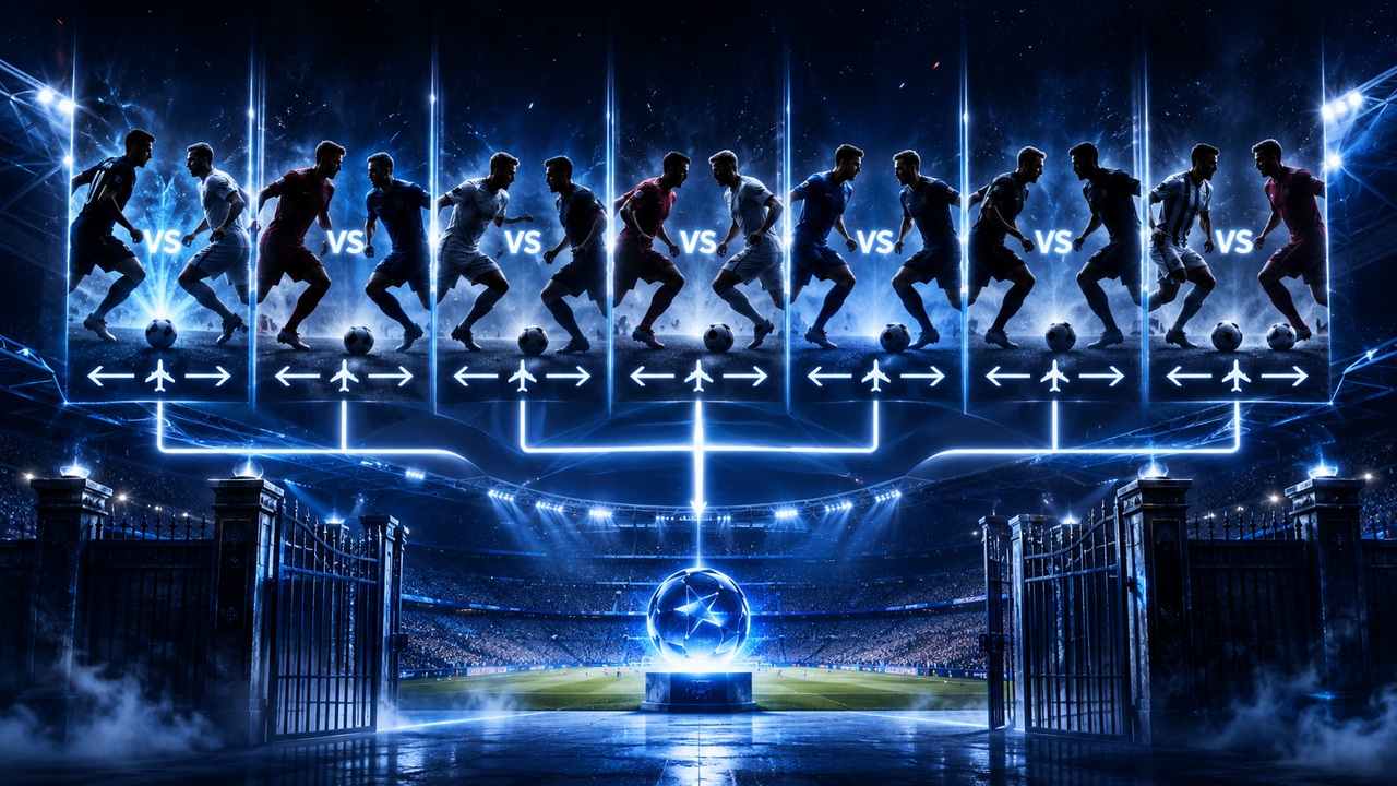 Arte editorial em tons azuis com sete duelos de jogadores frente a frente acima de um estádio iluminado, conectados por linhas de chaveamento e setas de ida e volta.