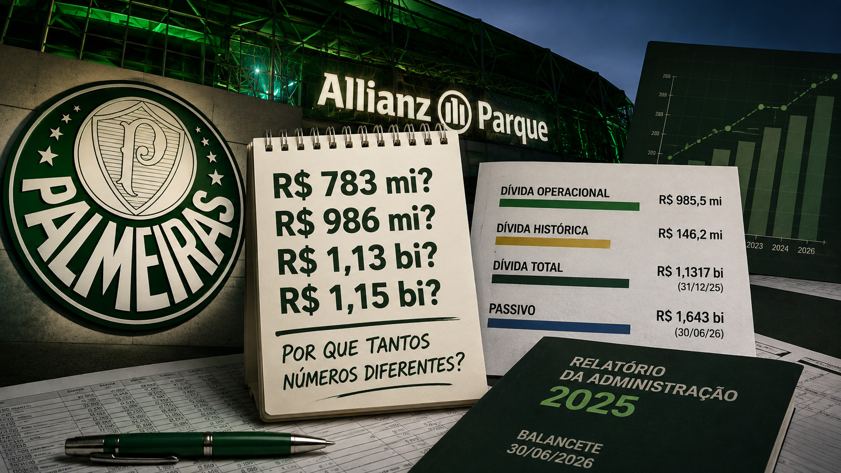 Montagem editorial em tons de verde com escudo do Palmeiras, fachada do Allianz Parque, bloco com valores de dívida e quadro comparando dívida operacional, histórica, total e passivo.