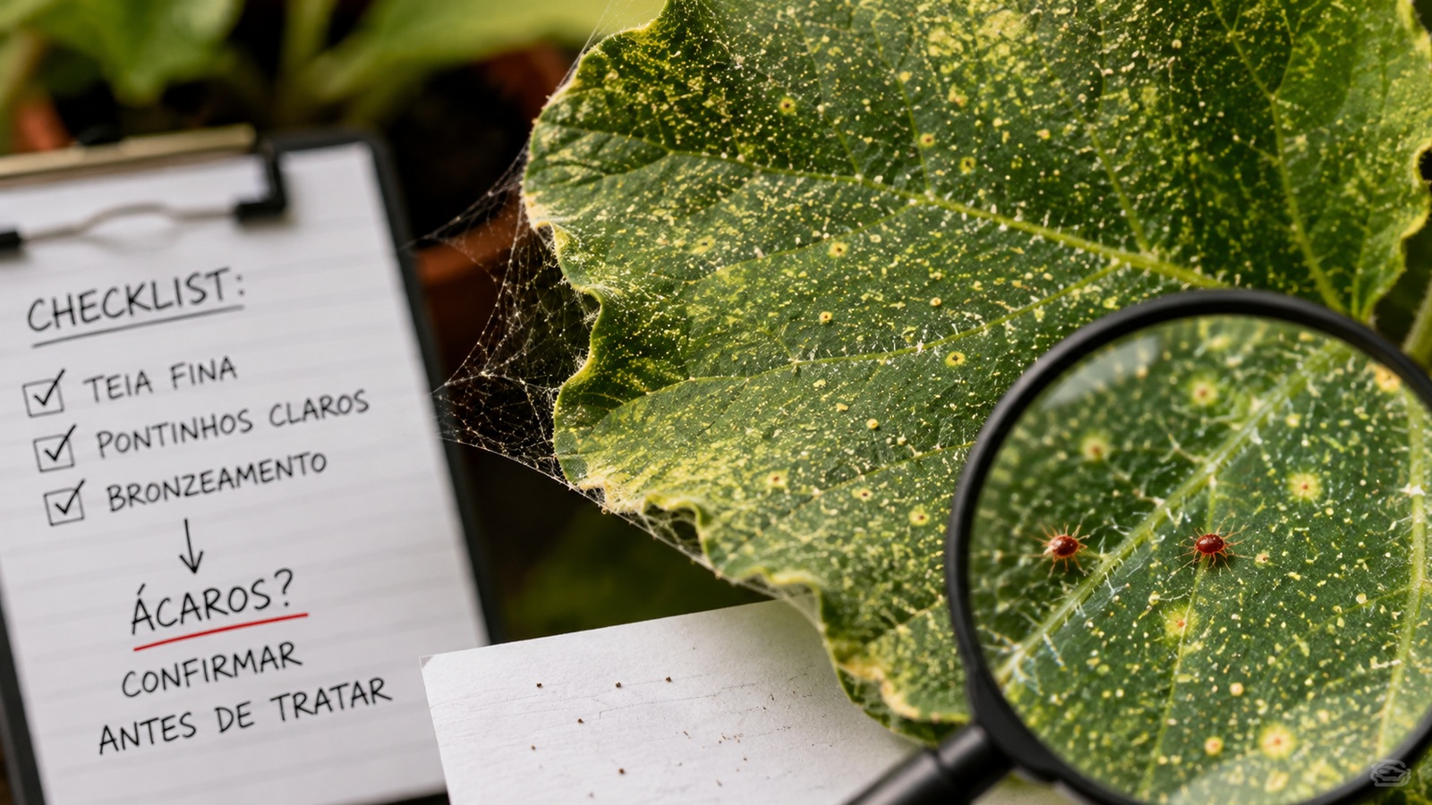 Folha verde com pontilhado claro e teia fina, observada com lupa que revela pequenos ácaros avermelhados, ao lado de um checklist de diagnóstico e papel branco.