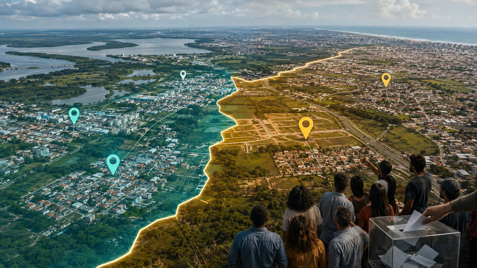 Ilustração aérea de área urbana dividida por uma linha territorial destacada, com marcadores de mapa, moradores observando a região e urna transparente no primeiro plano
