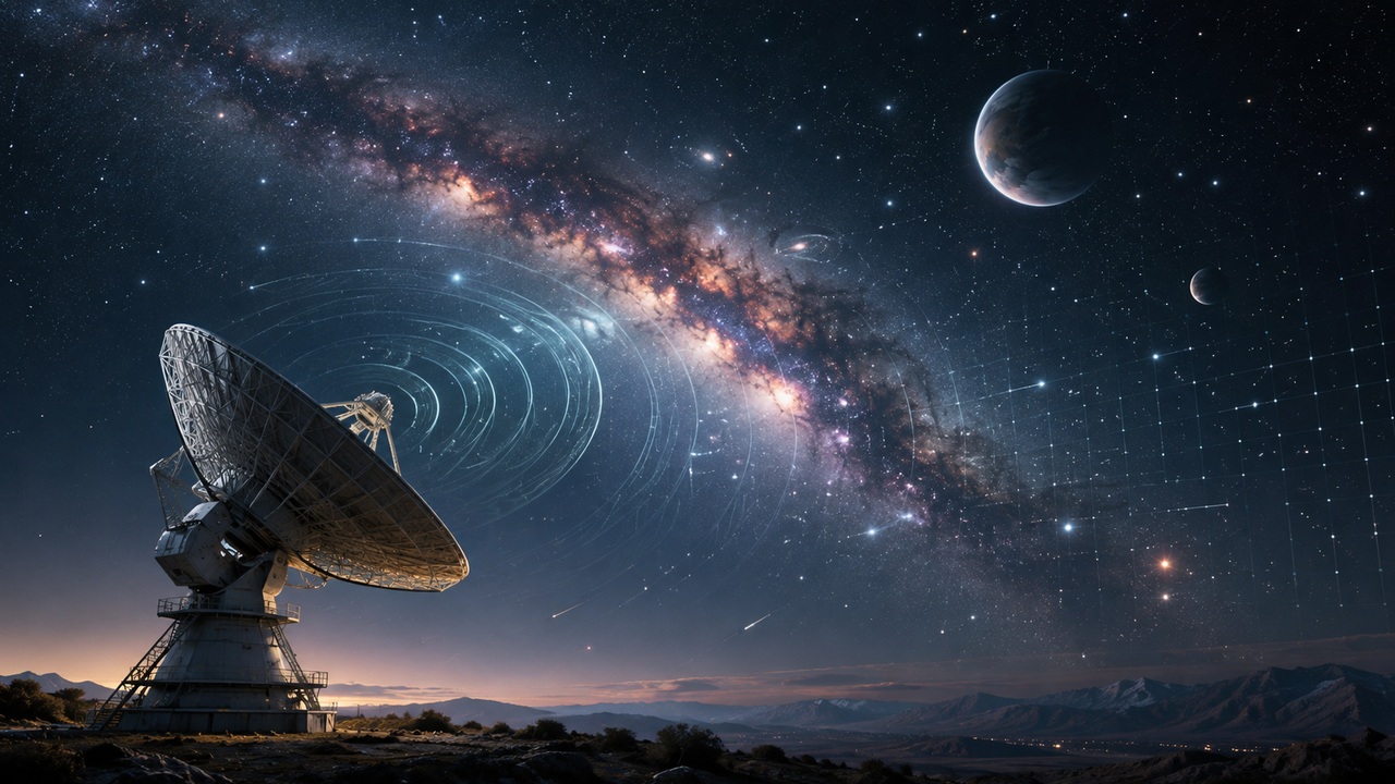Radiotelescópio apontado para a Via Láctea, com ondas de sinal, grade de dados e planetas distantes no céu noturno.