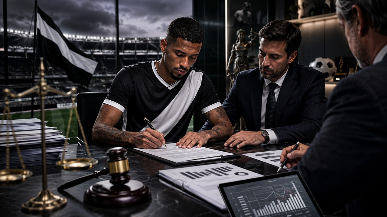 Jogador de futebol com uniforme preto e branco assina contrato diante de executivos, com martelo judicial, balança e gráficos financeiros sobre a mesa