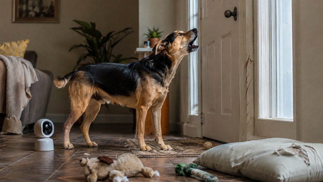 Cão preto e caramelo vocaliza diante da porta de casa, com câmera no chão e brinquedos e almofada danificados ao redor