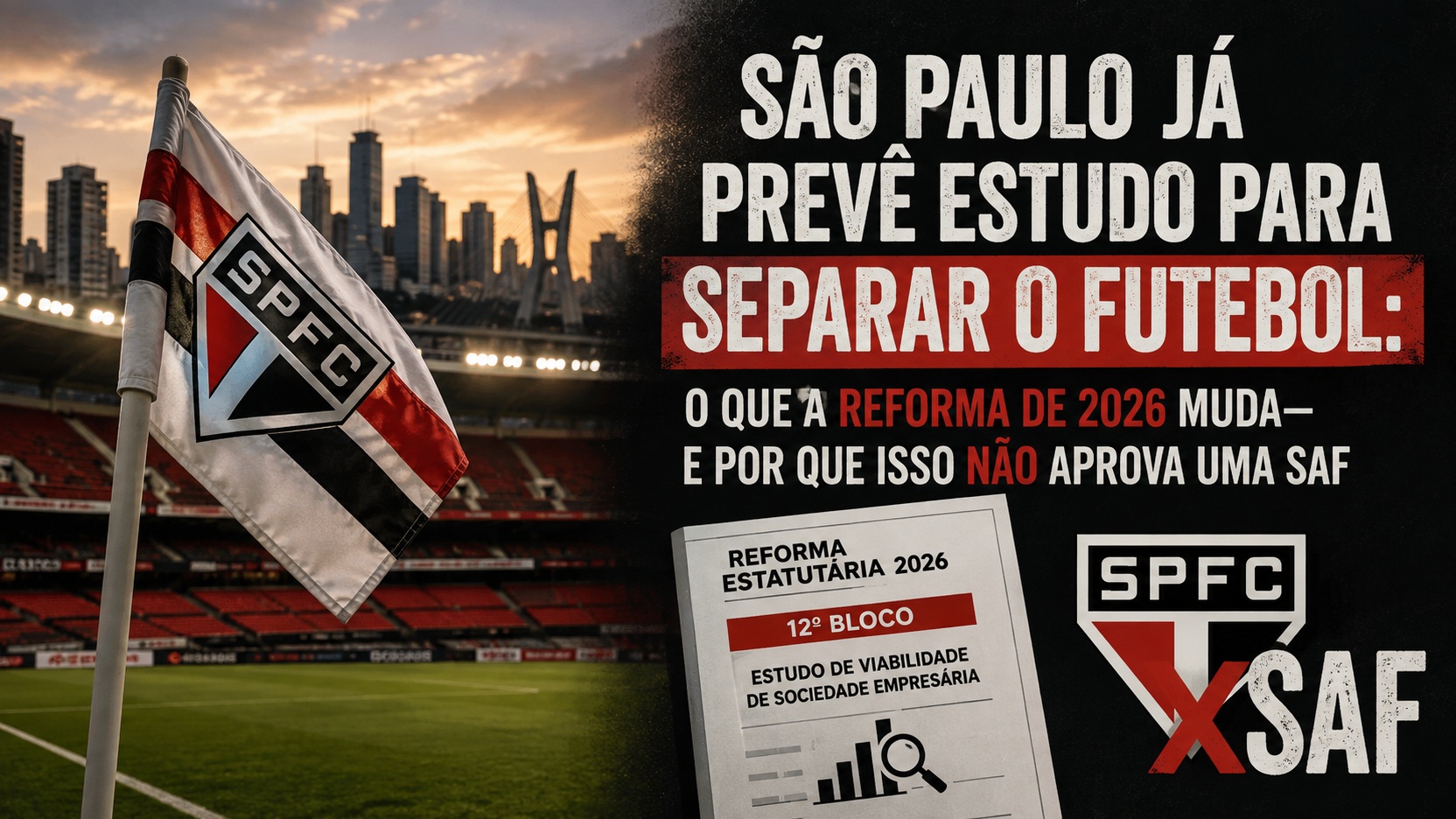 Arte editorial com bandeira do São Paulo no estádio e painel sobre a reforma estatutária de 2026, o estudo para separar o futebol e a ressalva de que isso não aprova uma SAF.