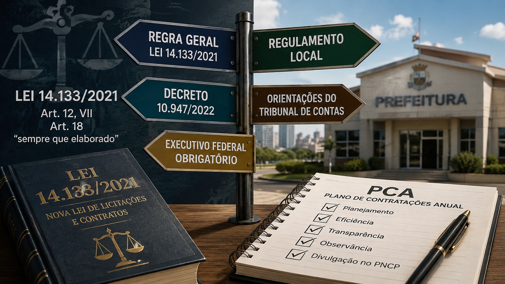 Composição editorial com livro da Lei 14.133/2021, placas indicando regra geral, regulamento local, Decreto 10.947/2022 e orientações do tribunal de contas, prefeitura ao fundo e caderno identificado como PCA.