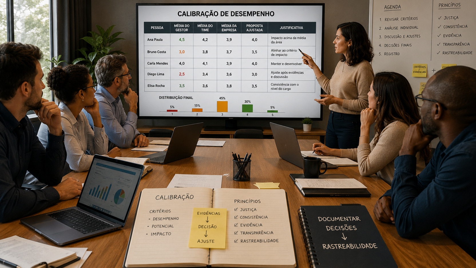 Gestores e profissionais de RH em reunião de calibração analisando ratings, justificativas e critérios de desempenho em uma tela.