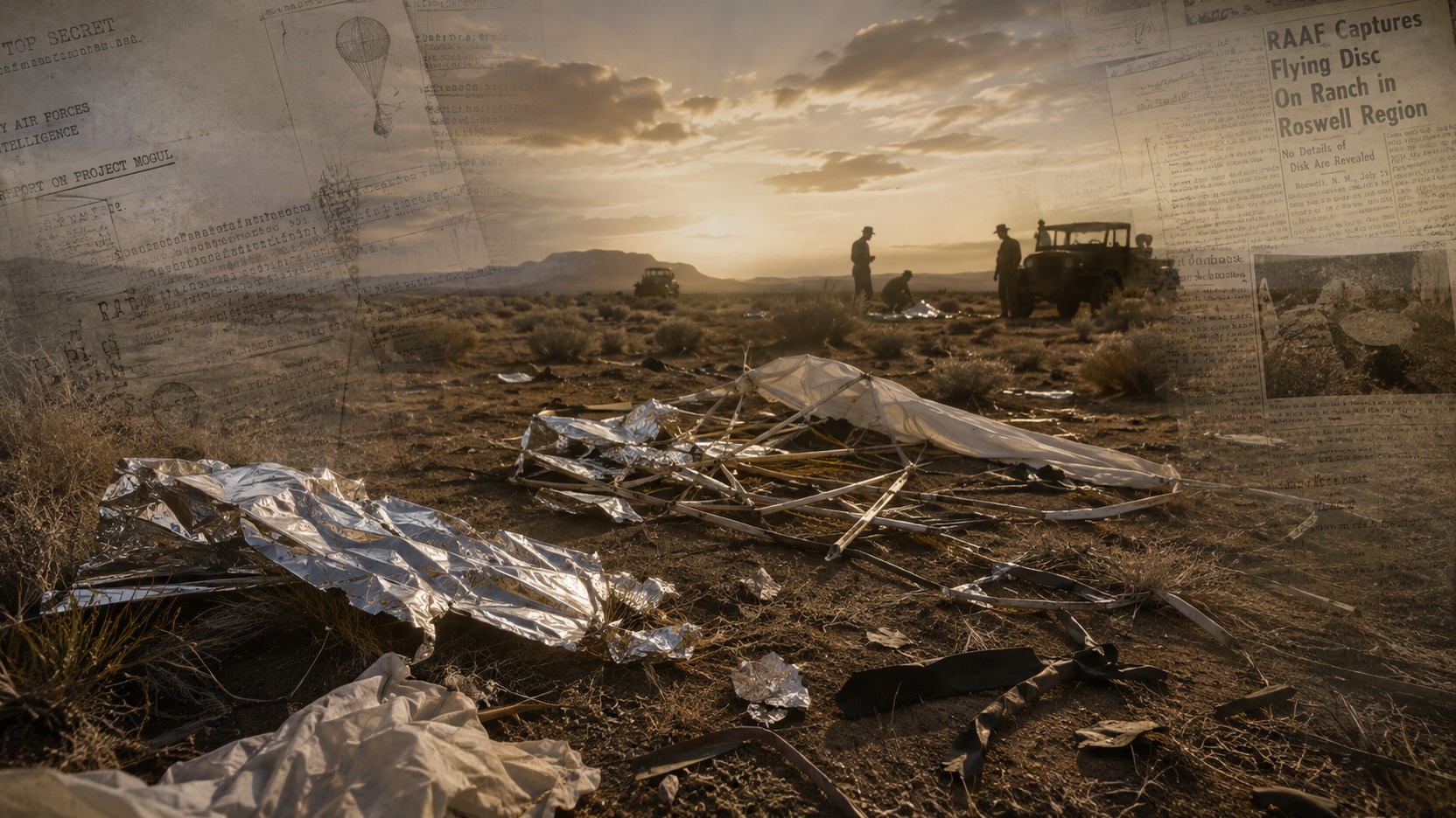 Cena editorial no deserto com destroços de balão e refletores no solo, militares ao fundo e sobreposição de documentos e manchete sobre Roswell.