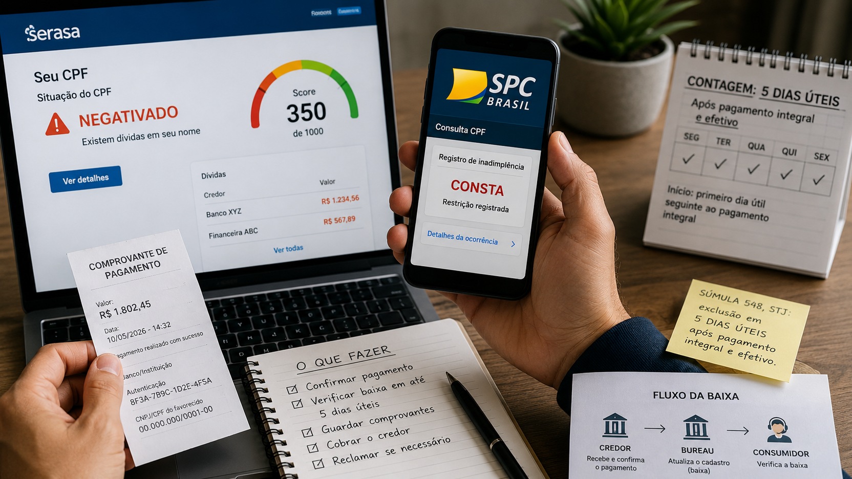 Pessoa segura comprovante de pagamento e celular com consulta do SPC diante de notebook com Serasa, calendário de cinco dias úteis e anotações sobre a baixa.