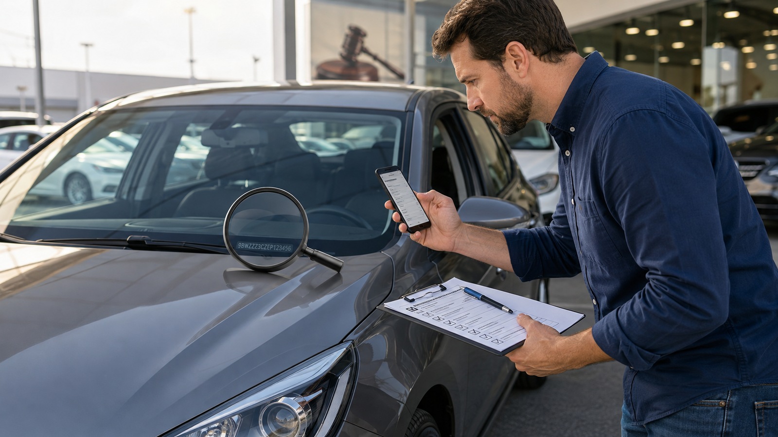 Homem inspeciona um carro usado com celular e checklist, enquanto uma lupa destaca a identificação no para-brisa e um martelo de leilão aparece ao fundo.