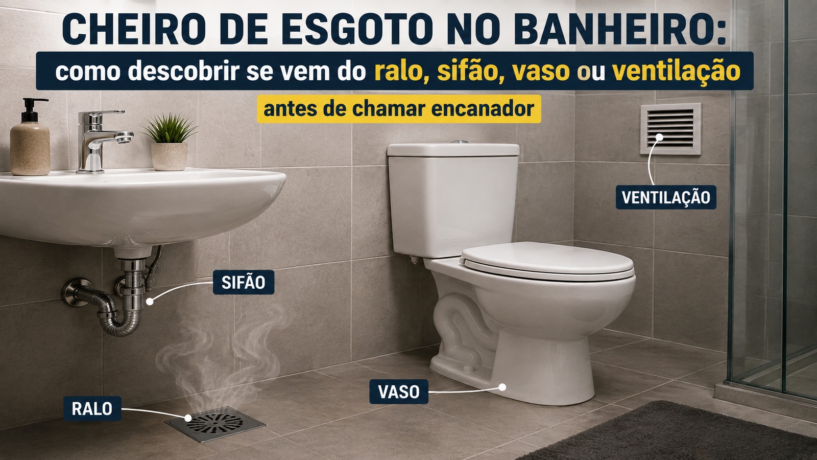 Banheiro com pia e sifão exposto, ralo no piso, vaso sanitário e uma grelha de ventilação na parede, com etiquetas indicando possíveis pontos relacionados ao odor de esgoto.