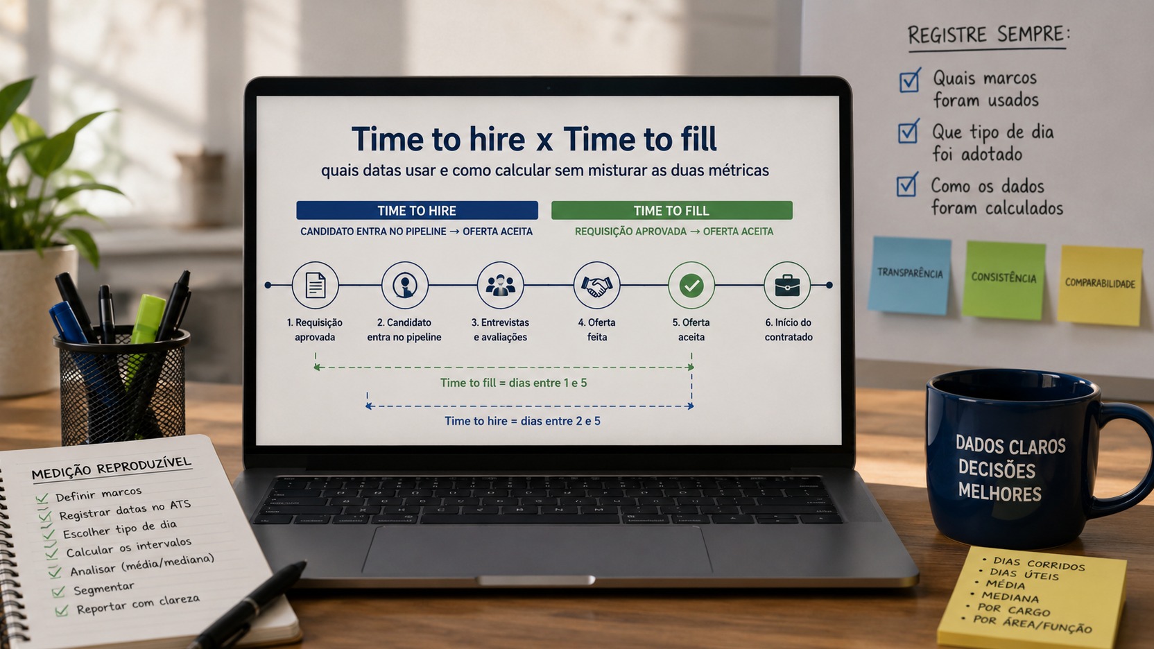 Notebook sobre uma mesa de escritório exibe uma linha do tempo comparando time to hire e time to fill, cercado por anotações sobre marcos, dias e consistência da medição.