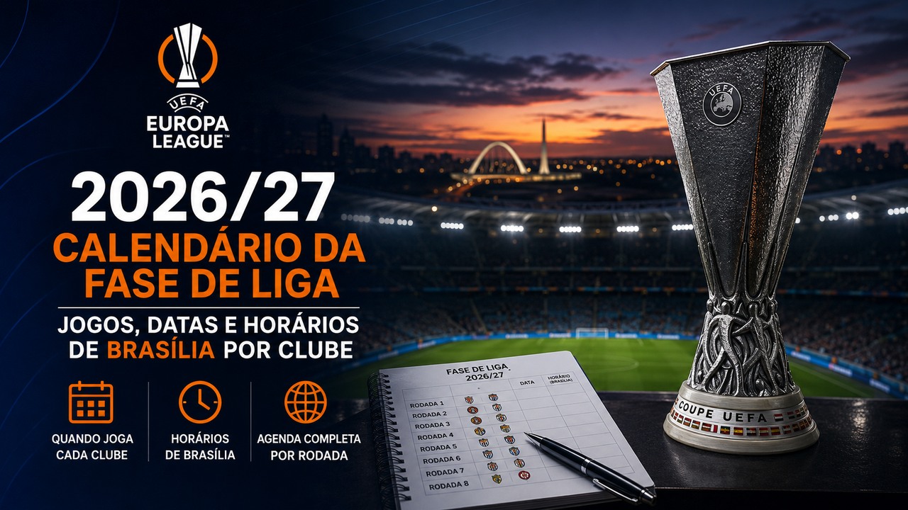 Arte horizontal da Europa League 2026/27 com troféu, estádio ao entardecer, referência a Brasília e agenda de jogos em primeiro plano