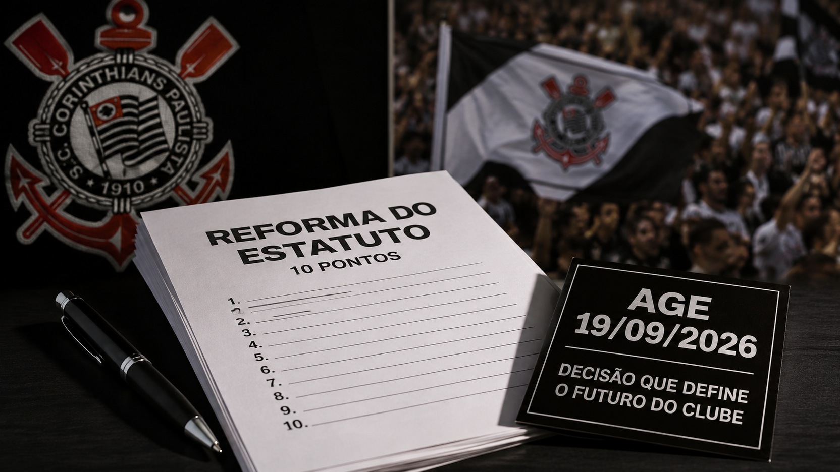 Caderno com o texto Reforma do Estatuto e 10 pontos sobre mesa, ao lado de placa com AGE 19/09/2026, com símbolos e torcida do Corinthians ao fundo.