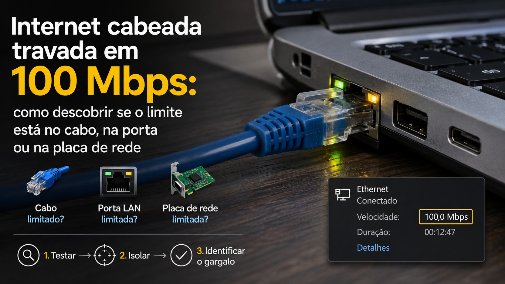 Infográfico com notebook conectado por cabo Ethernet azul, destaque para 100 Mbps e ícones de cabo, porta LAN e placa de rede.