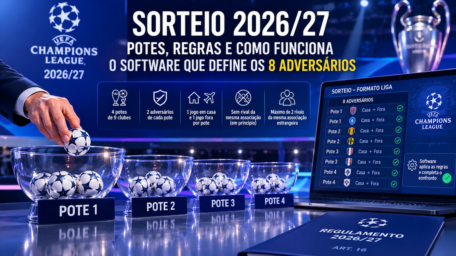Mesa de sorteio da Champions 2026/27 com quatro potes de bolas, mão retirando uma bola e tela exibindo o sistema de seleção dos oito adversários.