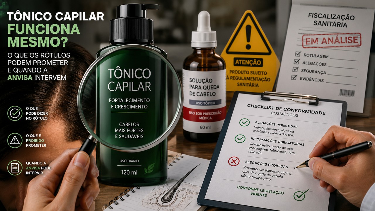 Composição editorial com frasco verde de tônico capilar ampliado por uma lupa, couro cabeludo ao fundo, frasco conta-gotas, sinal de atenção e prancheta de fiscalização sanitária.
