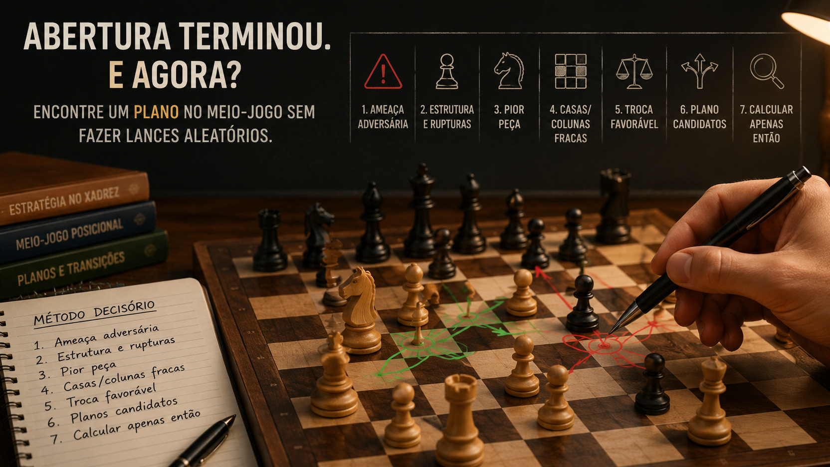 Tabuleiro de xadrez em posição de meio-jogo com setas verdes e vermelhas, mão apontando um lance com caneta, caderno com método decisório e quadro com sete etapas de planejamento.