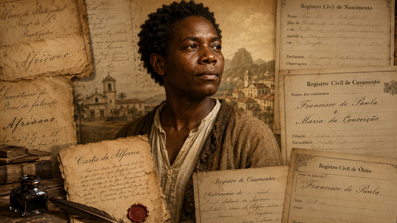 Ilustração editorial em tons sépia de uma pessoa negra cercada por registros históricos de batismo, carta de alforria, casamento, nascimento e óbito.
