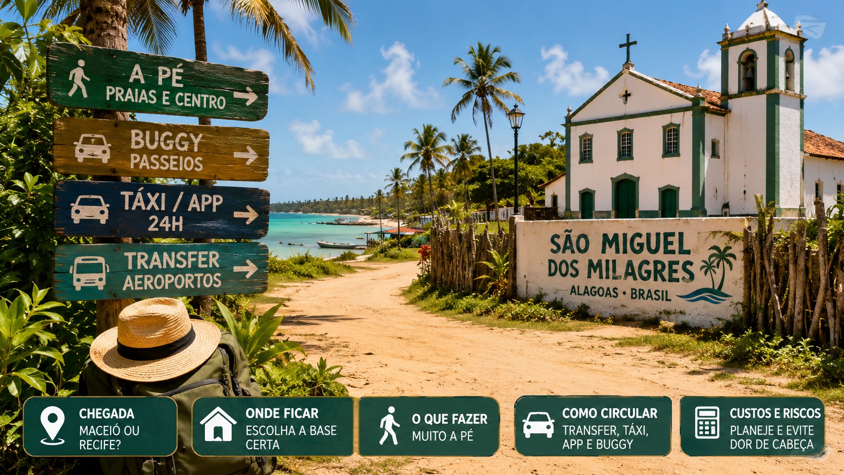Cena costeira tropical em São Miguel dos Milagres, com caminho para a praia, igreja, placas de deslocamento, mochila de viagem e referências a caminhada, buggy, táxi, app e transfer.