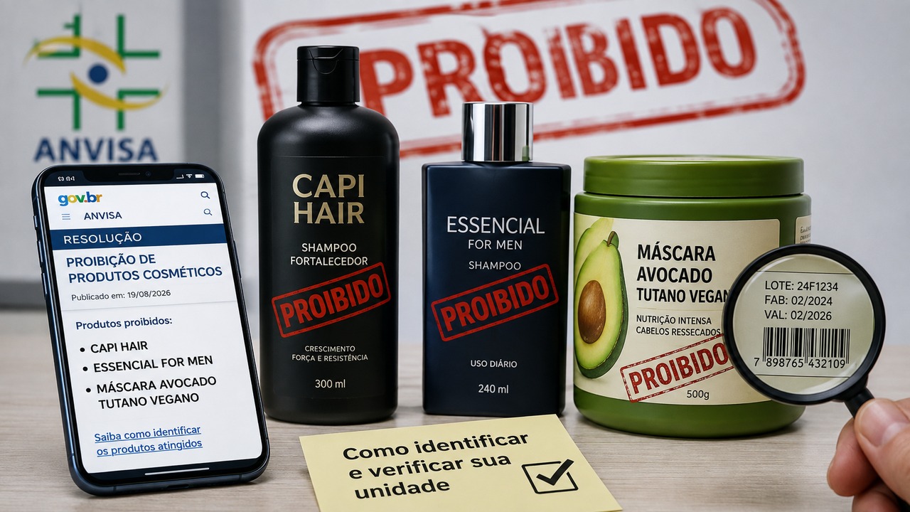 Composição editorial ilustrativa com celular exibindo aviso da Anvisa, frascos identificados como Capi Hair e Essencial For Men, pote de Máscara Avocado Tutano Vegano e lupa sobre dados de lote.