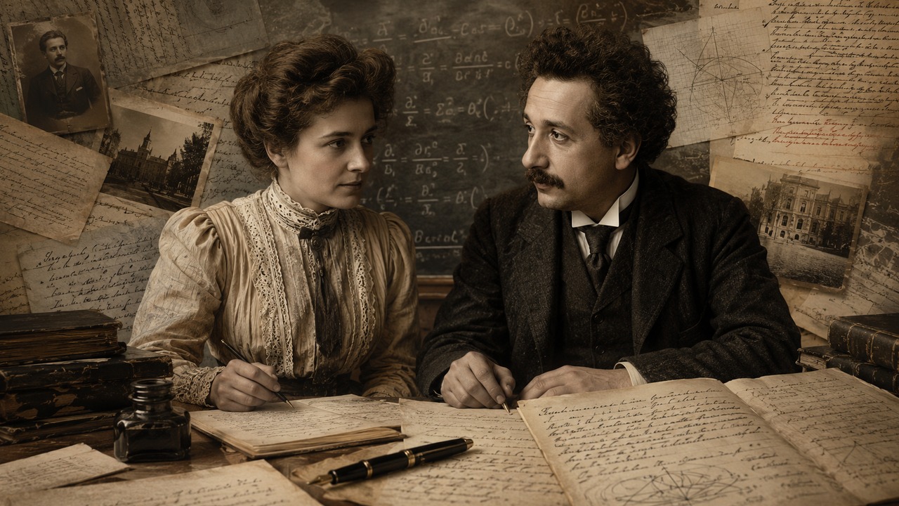 Ilustração editorial em estilo de fotografia histórica mostra Mileva Marić e Albert Einstein diante de cartas, manuscritos e equações em uma mesa de trabalho.